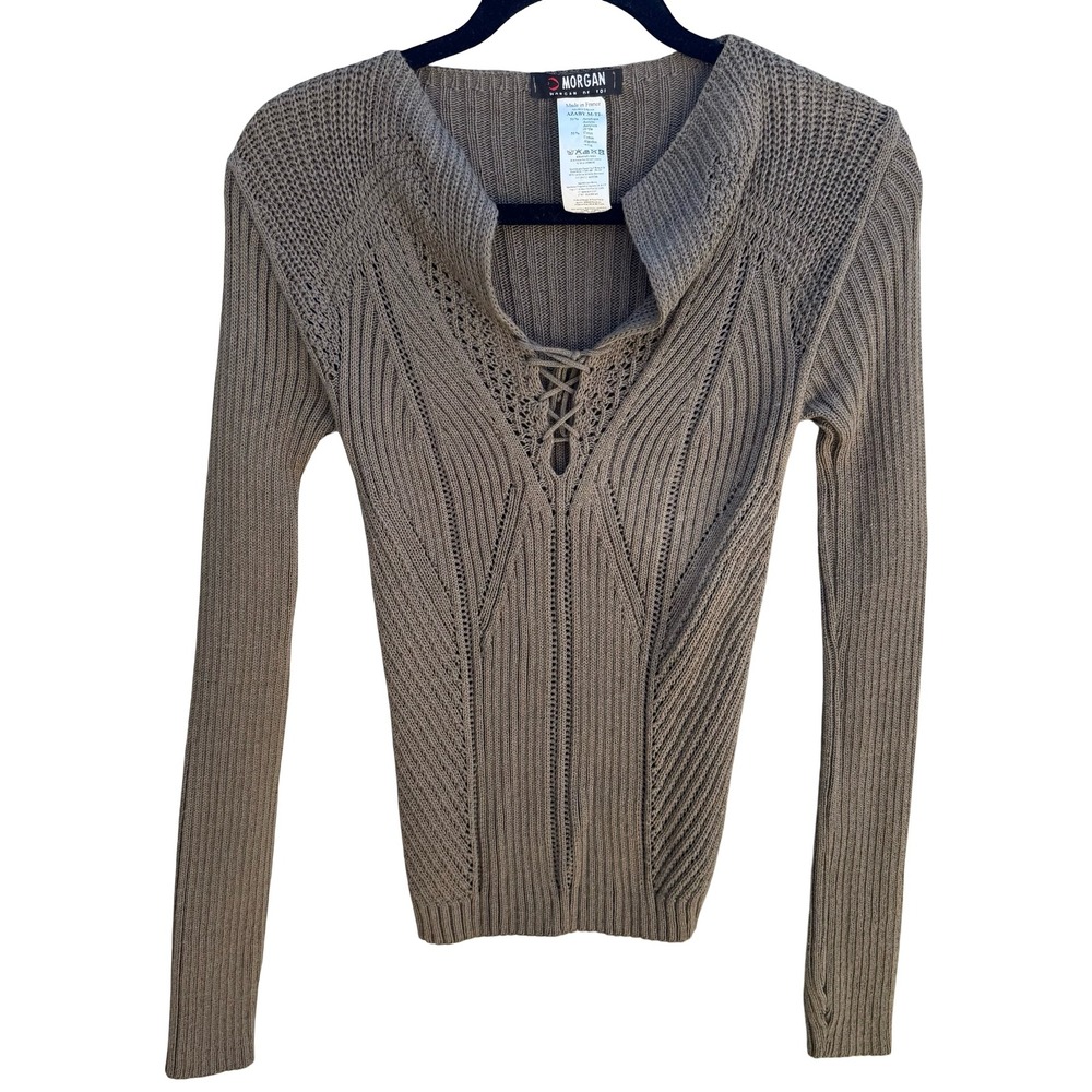 Morgan De Toi Vintage French Y2K Fairycore Lace Up Ribbed Pointelle Knit Sweater